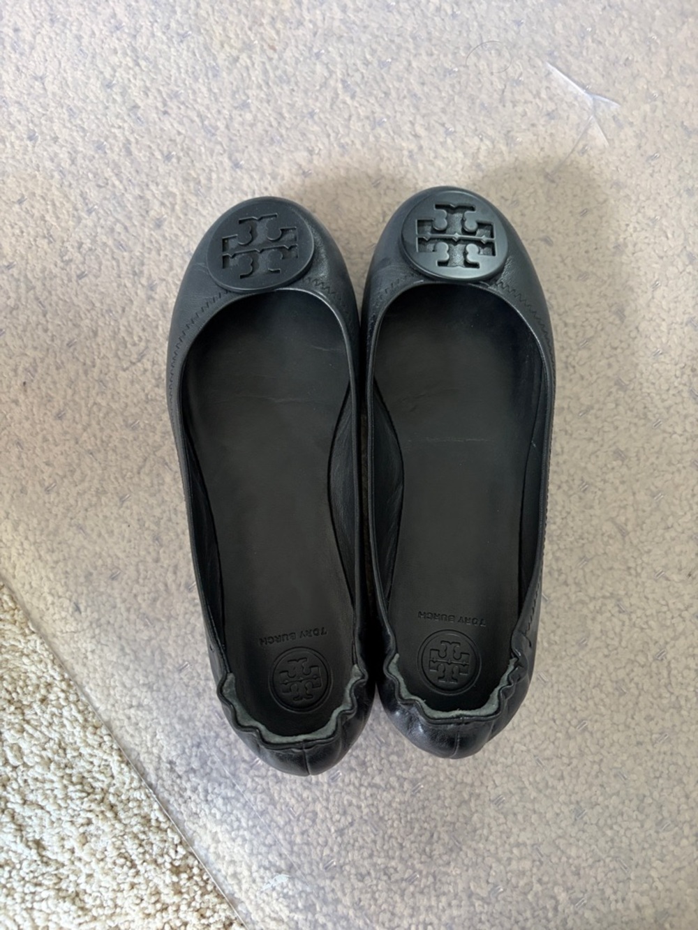 Tory Burch Black Leather Logo Ballet Flats